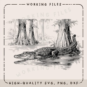 May include: Black and white illustration of an alligator in a swamp setting. The alligator is detailed with textured scales, lying near large trees. The image includes the text "WORKING FILES" and "HIGH-QUALITY SVG, PNG, DXF."