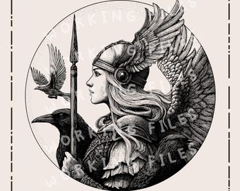 Valkiria SVG, diseño escandinavo, mujer guerrera PNG, archivos de grabado láser para Lightburn y Glowforge CNC.