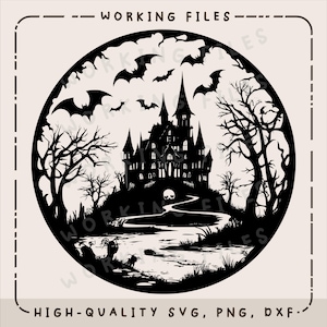 May include: Black and white silhouette of a spooky haunted house with bats flying around it. The house is surrounded by trees and a winding path.