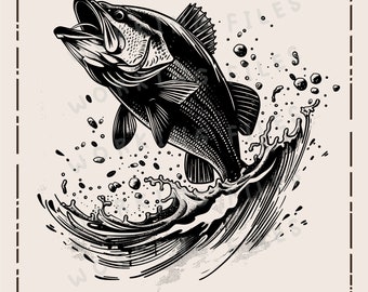 Puede incluir: Ilustración en blanco y negro de una lubina de boca grande saltando fuera del agua, creando salpicaduras. El pez está representado en un estilo realista y detallado.