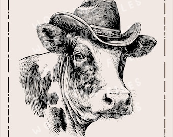 Cow Cowboy Hat SVG, Farm Animal Png, Laser Engraving Files, Western Clipart PNG, Cutting Boards Svg