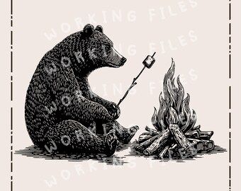 Diseño SVG de oso de fogata, PNG para camping, archivos de grabado láser para Glowforge y Lightburn CNC