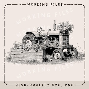 Può includere: Illustrazione in bianco e nero di un trattore d'epoca con fiori, inclusa una fioriera in legno. L'immagine presenta il testo "WORKING FILES" e "HIGH-QUALITY SVG, PNG".
