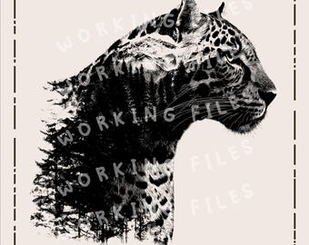 May include: A monochrome illustration of a leopard's head, with a forest design incorporated into its body. The image features the text "WORKING FILES" and "HIGH-QUALITY SVG, PNG" within a rectangular border.