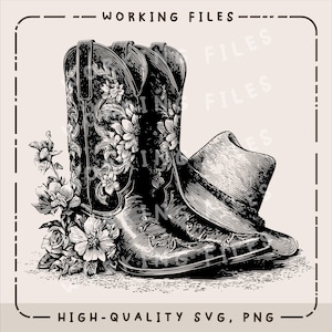 May include: Black and white illustration of a pair of cowboy boots and a cowboy hat. The boots are decorated with floral patterns. The hat is resting on the boots. The text "WORKING FILES" and "HIGH-QUALITY SVG, PNG" are at the top and bottom.