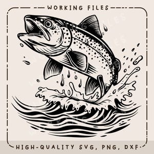 Rainbow Trout Jumping SVG, Brown Trout Vector Design, Fishing SVG, Laser Engraver, Clip art PNG, Cutting Boards, Digital Download