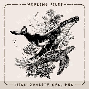 Op de afbeelding: Zwart-wit illustratie met een walvis en een zeeschildpad, omringd door koraal en bloemen. Het ontwerp bevat de tekst "WORKING FILES" en "HIGH-QUALITY SVG, PNG". De afbeelding staat tegen een neutrale achtergrond.