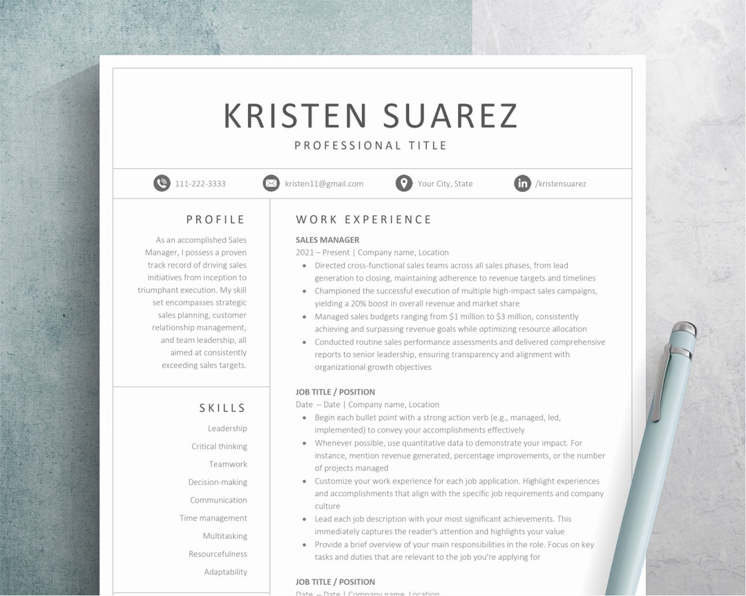 Professional Resume Template for Word & Google Docs Modern - Etsy