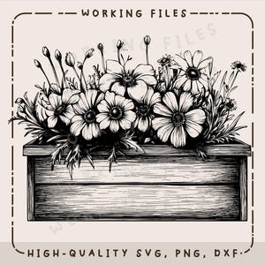 May include: Black and white illustration of a wooden planter box overflowing with detailed flowers and foliage. The image includes the text "WORKING FILES" at the top and "HIGH-QUALITY SVG, PNG, DXF" at the bottom, suggesting a digital design.