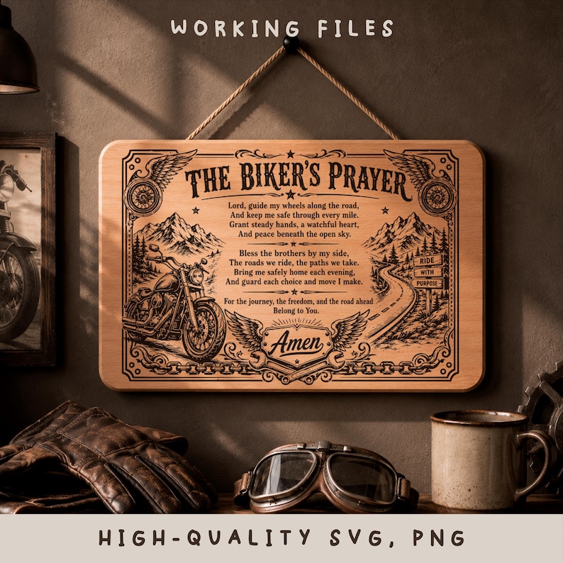 May include: A rectangular wooden wall sign featuring the engraved text THE BIKER'S PRAYER, a motorcycle illustration, mountain scenery, and a winding road. The design includes decorative wings, gears, and the word Amen, all suspended by a rope.