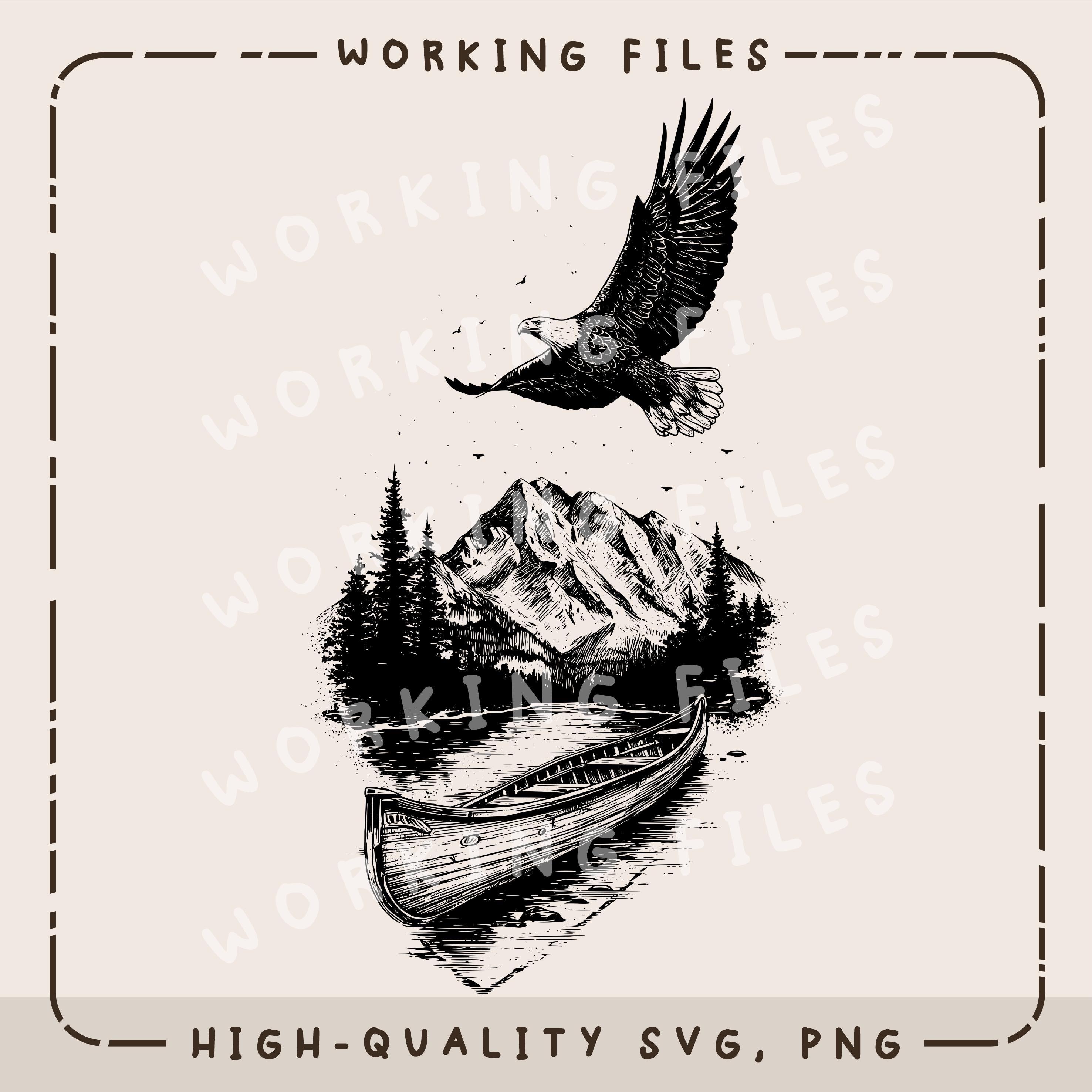 Wooden Boat SVG, Forest Mountains Clipart, Bald Eagle PNG Design