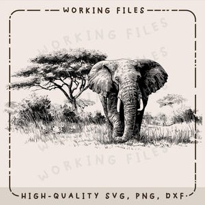 May include: A detailed black and white illustration of an African elephant walking towards the viewer. The elephant is in a grassy savanna with trees in the background. The image includes the text "WORKING FILES" and "HIGH-QUALITY SVG, PNG, DXF."