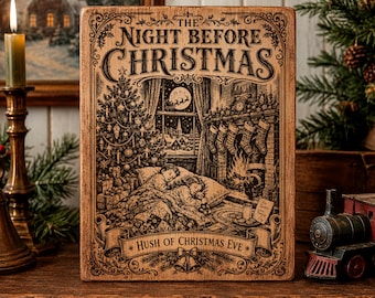SVG de La noche antes de Navidad, PNG de escena navideña vintage de Nochebuena, archivo de grabado láser de niños durmiendo, diseño de placa de madera navideña