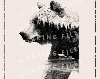 May include: A black and white illustration of a bear's profile, with a landscape of mountains, trees, and a lake integrated into its form. The image includes the text "WORKING FILES" and "HIGH-QUALITY SVG, PNG".