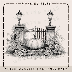 Pumpkin at the Gate SVG, Halloween Png Clipart, Farmhouse Decor Signs, Laser Engraving, Cutting Boards, Digital Download