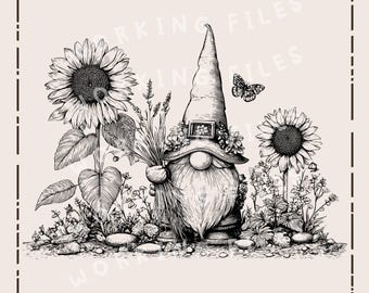 Gnomo Girasol SVG, Diseño PNG Fantástico, Archivos para Grabado Láser para Letreros de Jardín