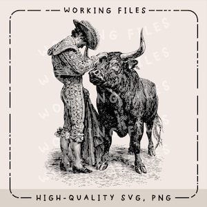 May include: Black and white illustration of a matador facing a bull. The matador, in a detailed suit, is positioned near the bull, holding a cape. The image includes the text "WORKING FILES" and "HIGH-QUALITY SVG, PNG".