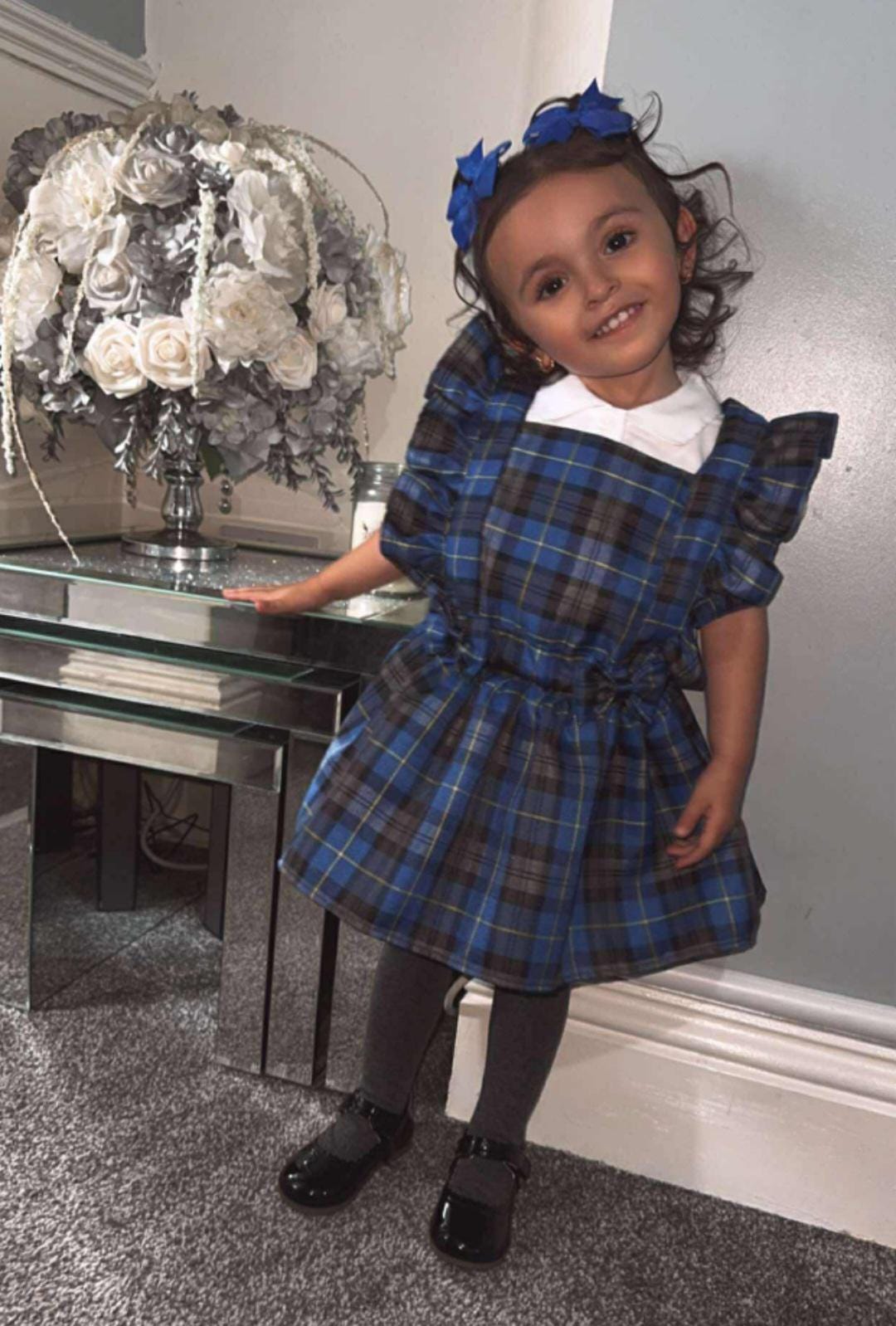 green velvet floor length dress Stella Blue Tartan Pinafore Midi Dress – Royal & Dark Bluе – numbat.uk main image 1