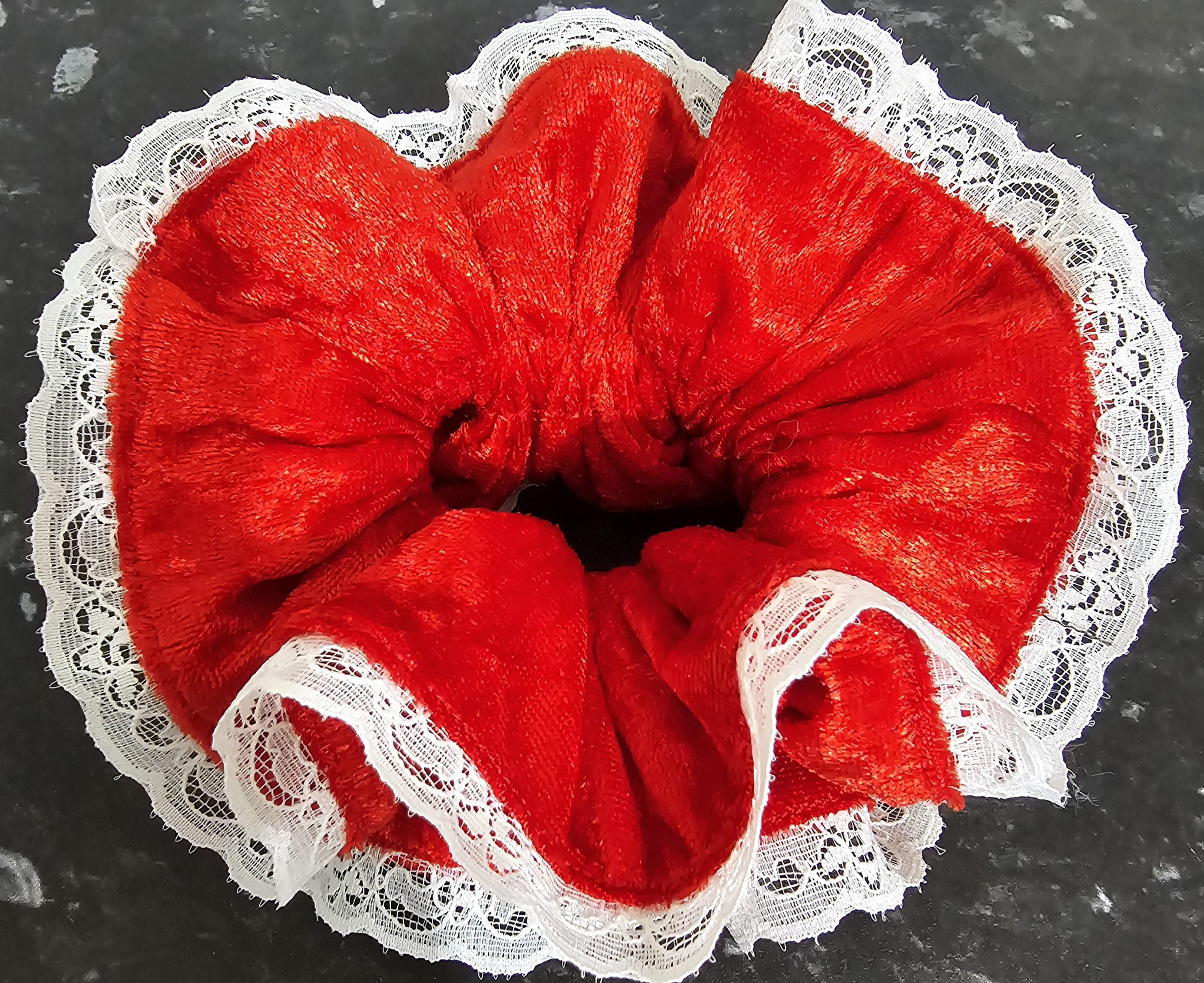 French style red velvet scrunchies - frilly double layer scrunchies - lace trim scrunchies