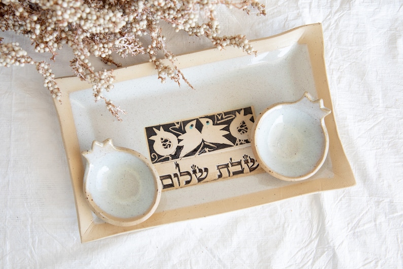 Ceramic Shabbat Pomegranates candlestick with tray Shabbat Shalom candlestick Ceramic candle holder White