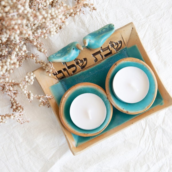 Shabbat candlestick with 2 birds | Shabbat Shalom candlestick | Ceramic candle holder |