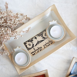 Ceramic Shabbat Pomegranates candlestick with tray Shabbat Shalom candlestick Ceramic candle holder image 1