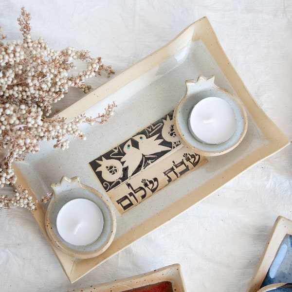 Ceramic Shabbat Pomegranates candlestick with tray | Shabbat Shalom candlestick | Ceramic candle holder |