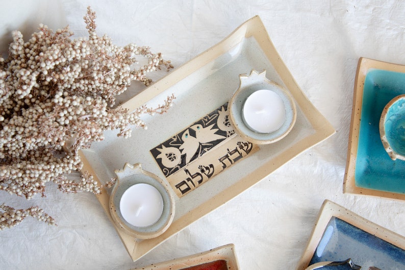 Ceramic Shabbat Pomegranates candlestick with tray Shabbat Shalom candlestick Ceramic candle holder image 1