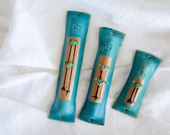Turquoise Birds Ceramic Mezuzah | Mezuzah Case |  Hand Made Jewish Wedding Gift | Holiday | New Home |