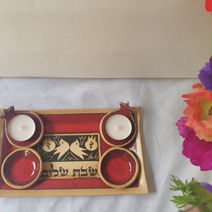 Ceramic Shabbat Pomegranates family 4 candlestick with tray | Shabbat Shalom candlestick | Ceramic candle holder |