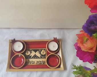 Ceramic Shabbat Pomegranates family 4 candlestick with tray | Shabbat Shalom candlestick | Ceramic candle holder |