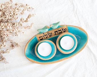 Oval Shabbat candlestick with 2 birds | Shabbat Shalom candlestick | Ceramic candle holder |