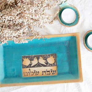 Ceramic Shabbat Pomegranates candlestick with tray Shabbat Shalom candlestick Ceramic candle holder Turquoise