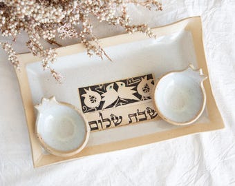 Ceramic Shabbat Pomegranates family 2 candlestick with tray | Shabbat Shalom candlestick | Ceramic candle holder |
