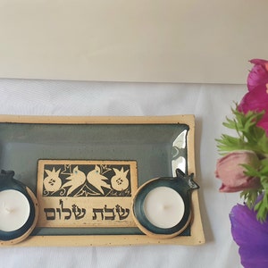 Ceramic Shabbat Pomegranates candlestick with tray Shabbat Shalom candlestick Ceramic candle holder Blue