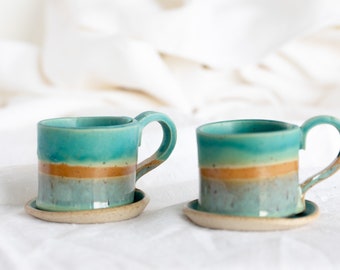 Espresso Cups with Handle | Set of 2 Turquoise Cups | Coffee Cup | Modern Gift |