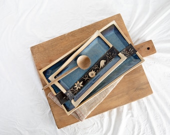 Blue Hand Made Tray | Ceramic Rectangular Serving | Large Plate|