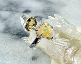 Raw Ethiopian Opal and Citrine Ring, 925 Sterling Silver, Handmade