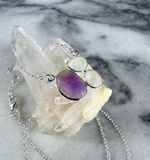Amethyst Rainbow Moonstone Necklace: Sterling Silver Checker Cut