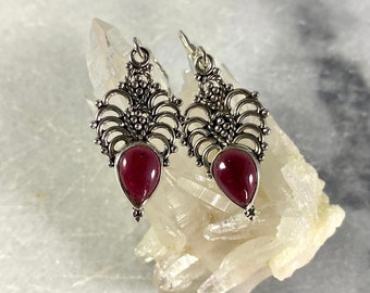 Garnet Sterling Silver Dangle Earrings: Pear Cabochons