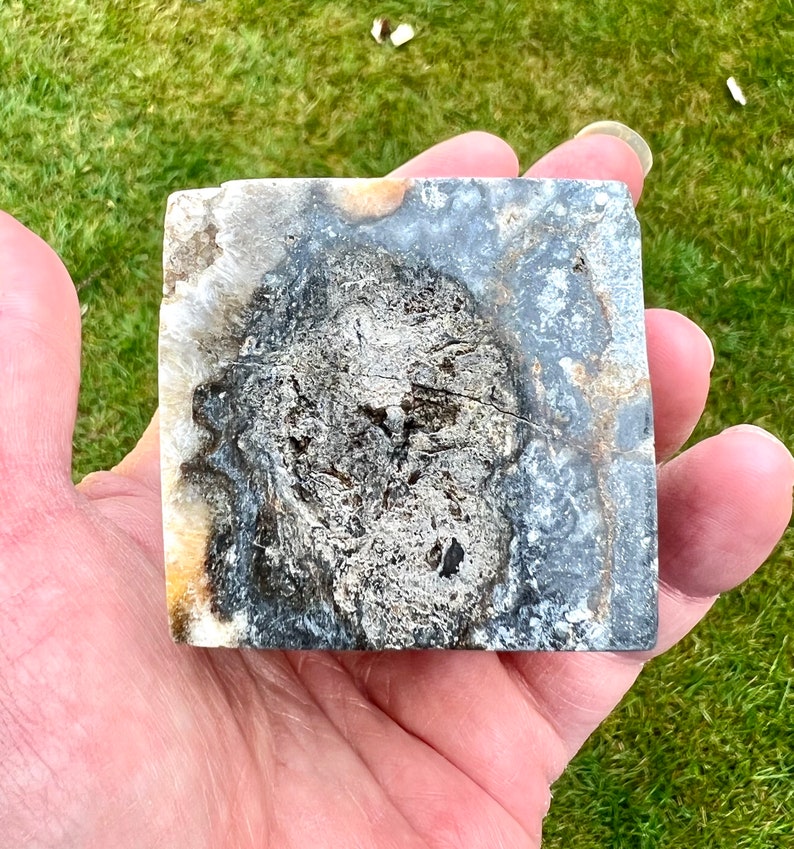 May include: A close-up of a grey and white stone with a dark grey circular pattern in the centre. The stone is smooth and has a natural, organic texture.