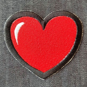 Red Heart Iron-On Patch with Black Border Contrasting Embroidered Valentine’s Day Applique, Romantic Gift Idea, Cute Heart Shape Design