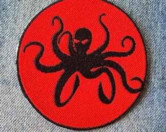 Iron-On Octopus Patch – Red and Black Round Embroidered Badge – Gothic Kraken Sea Monster Patch – DIY Biker Patch – Horror Tentacle Patch