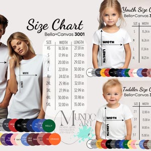 May include: Image of a size chart for Bella+Canvas 3001 t-shirts, with measurements in inches. The chart includes sizes for adults, youth, and toddlers, along with a color palette. The text "Mundo Art" is also visible.