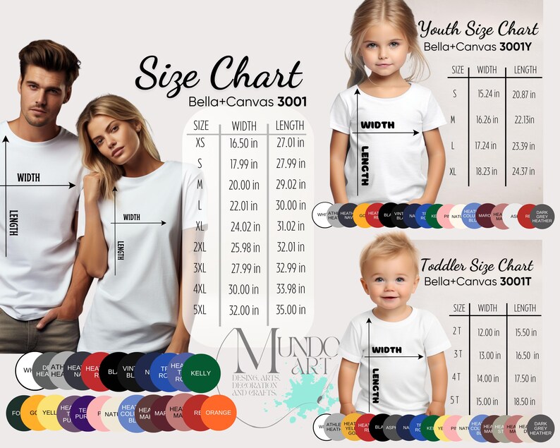 May include: Image of a size chart for Bella+Canvas 3001 t-shirts, with measurements in inches. The chart includes sizes for adults, youth, and toddlers, along with a color palette. The text "Mundo Art" is also visible.