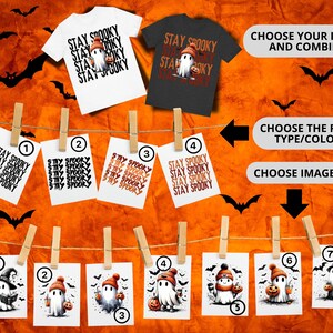 May include: White and black t-shirts with a ghost graphic and the text "STAY SPOOKY". The image also shows various design options, including different ghost illustrations and text styles, all themed for Halloween.
