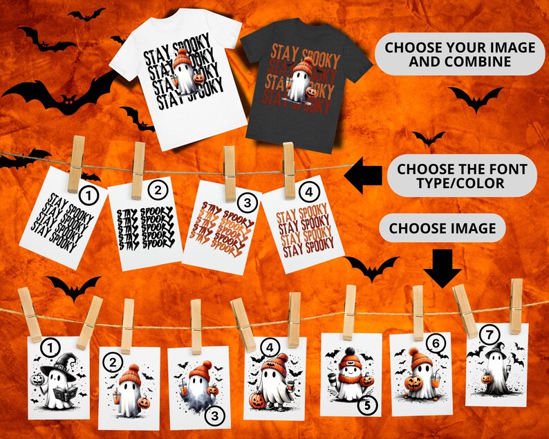 May include: White and black t-shirts with a ghost graphic and the text "STAY SPOOKY". The image also shows various design options, including different ghost illustrations and text styles, all themed for Halloween.