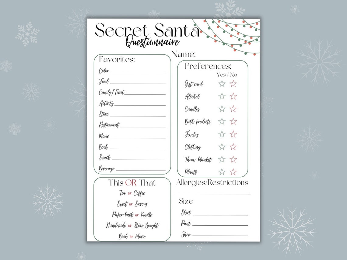 Printable Secret Santa Questionnaire Bundle, Christmas Office Party ...