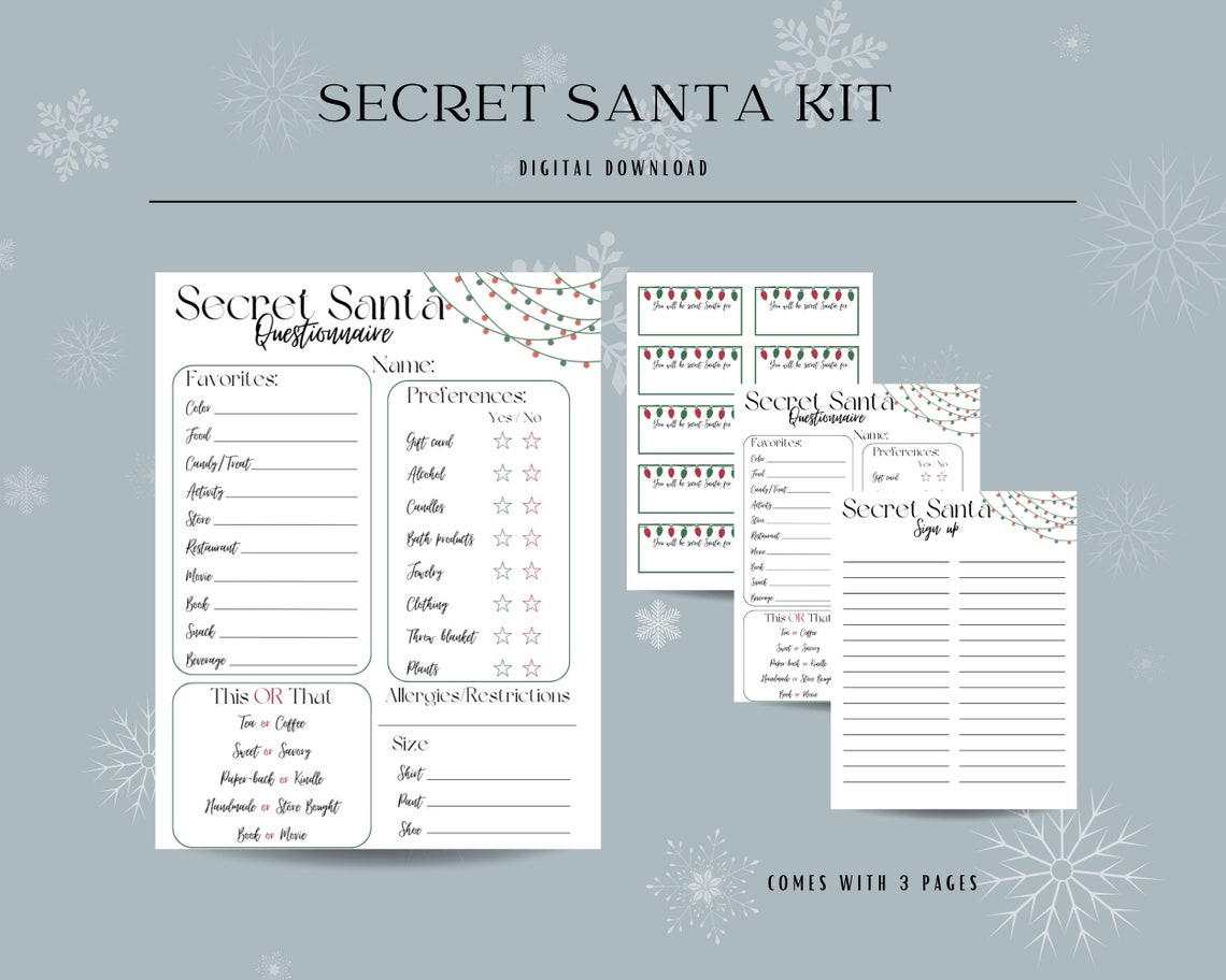 Printable Secret Santa Questionnaire Bundle, Christmas Office Party ...