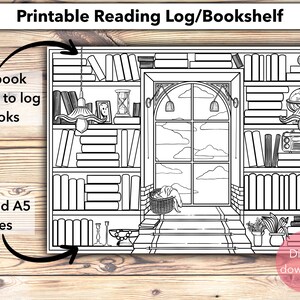 Op de afbeelding: Zwart-witte printbare leeslog of boekenplank met 75 boekruggen om boeken in te loggen. Het ontwerp bevat een boekenplank met boeken, een raam en een mand. De printbare is beschikbaar in A4 en A5 formaten. Digitaal downloaden.